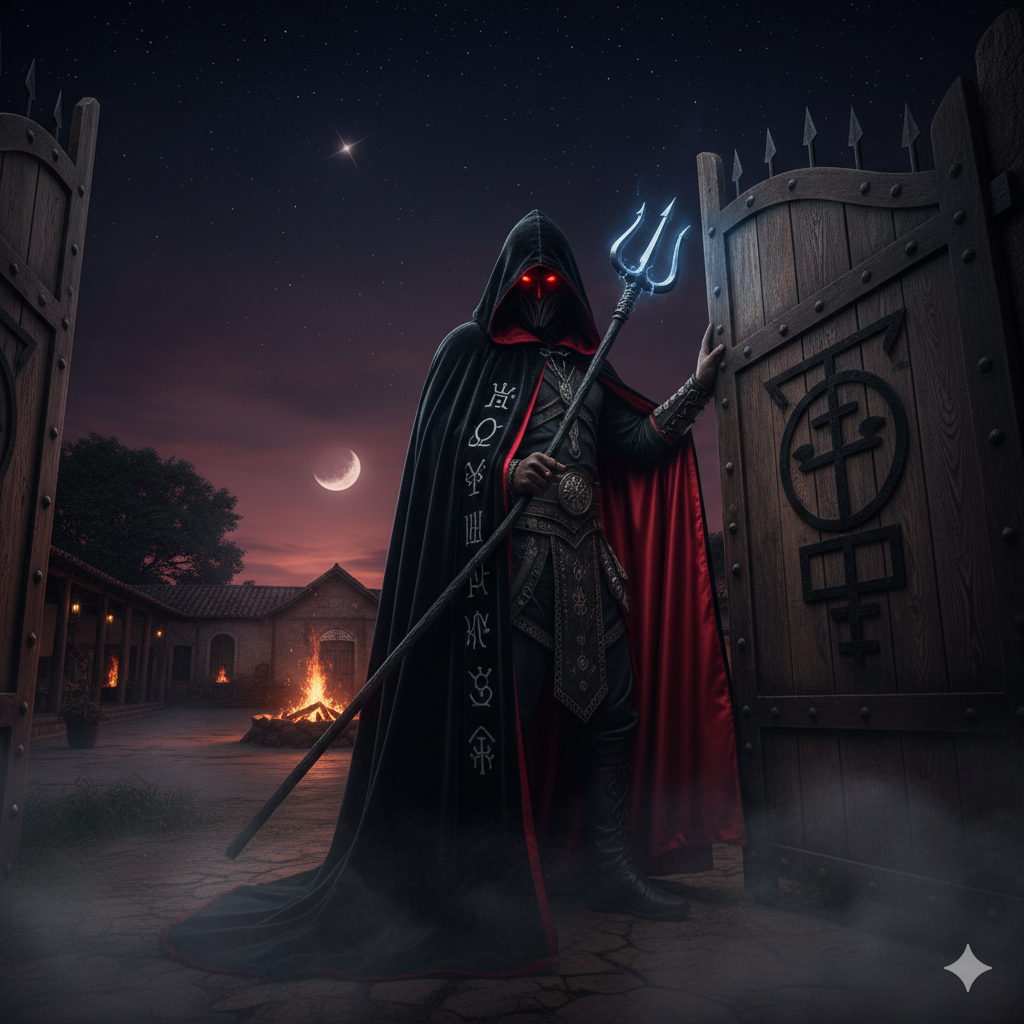 Uma porteira de madeira antiga entreaberta, protegida por uma silhueta de luz negra e detalhes em vermelho, simbolizando o Guardião Exu na Umbanda.