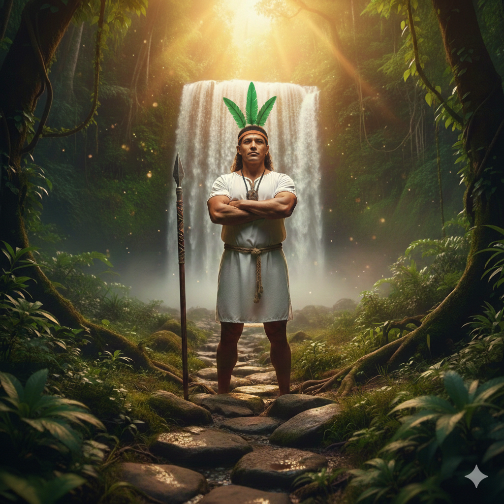 Não Procure a Umbanda: O Choque de Realidade e a Verdadeira Caridade Um Caboclo imponente de braços cruzados, vestindo branco, com um cocar de três pequenas penas verdes. Ele segura uma lança ao lado de um caminho de pedras que leva a uma cachoeira iluminada.