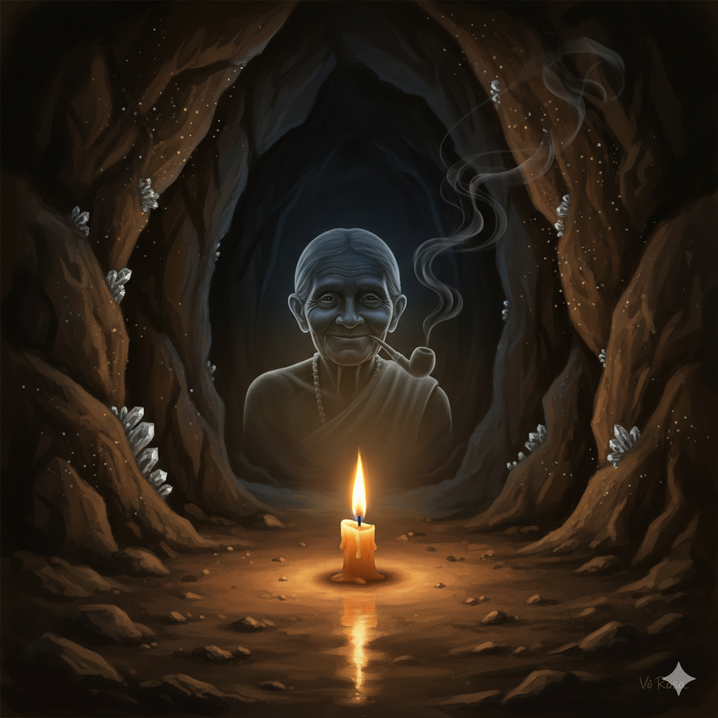 Uma pequena vela acesa no chão de uma caverna escura e rochosa. Ao fundo, nas sombras, a silhueta benevolente e sorridente da Preta Velha Vó Rosa emerge da fumaça da vela, simbolizando proteção espiritual na depressão.