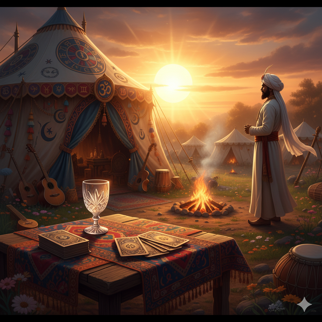 Acampamento cigano ao pôr do sol com tendas decoradas com símbolos místicos. Em primeiro plano, uma mesa com baralho e taça de cristal. Ao fundo, um Mestre do Oriente de túnica branca observa o horizonte.