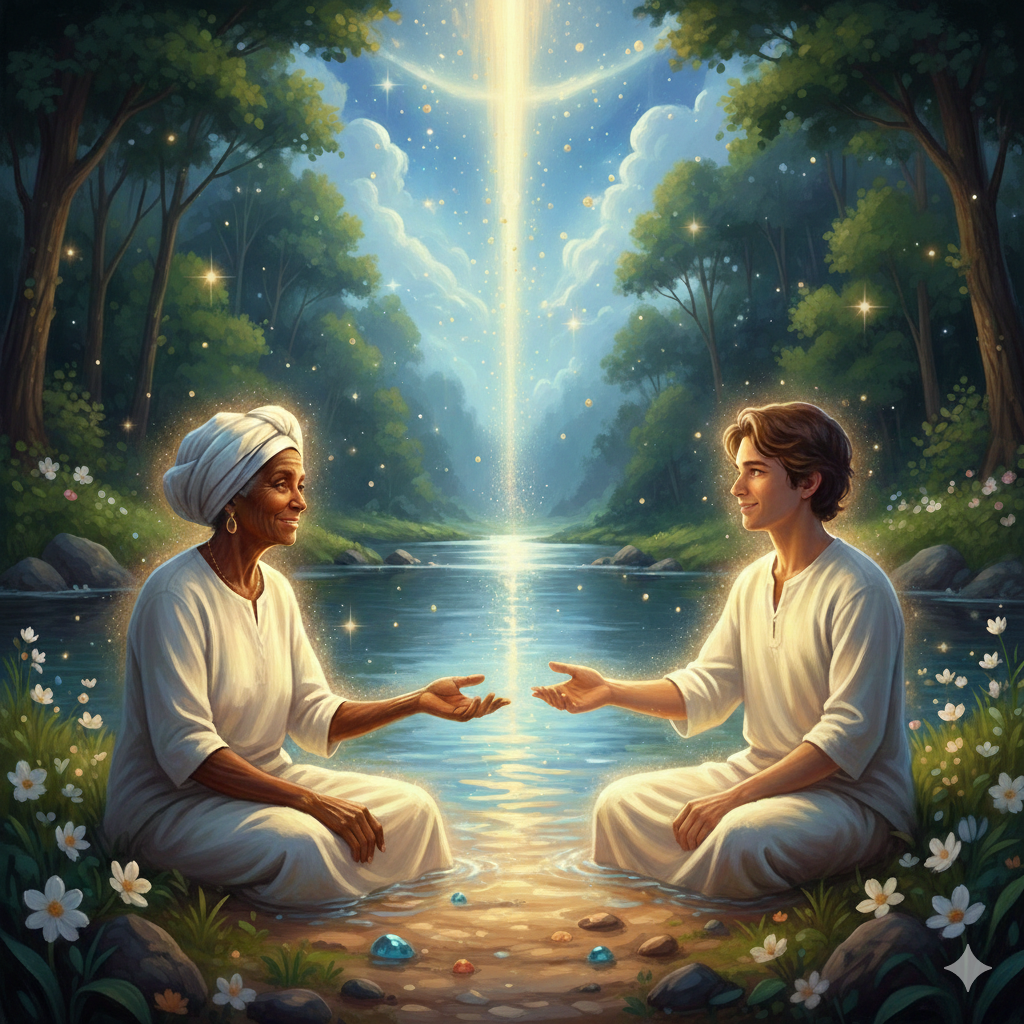 Se eu morresse hoje! Preta Velha Vó Rosa sentada à beira de um rio de águas cristalinas, sorrindo e estendendo a mão para um jovem médium sentado à sua frente. Ambos estão envoltos em uma aura dourada sob uma coluna de luz celestial em uma floresta iluminada.