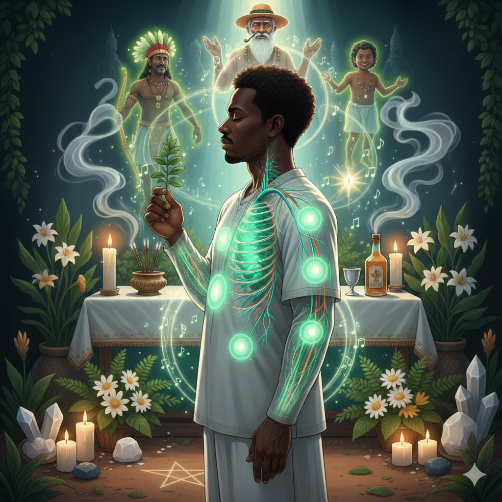 Perfil de um médium de Umbanda em transe consciente, com centros de força (chacras) iluminados em verde, segurando arruda diante de um congá. Ao fundo, as silhuetas luminosas de um Caboclo, um Preto Velho e um Erê.
