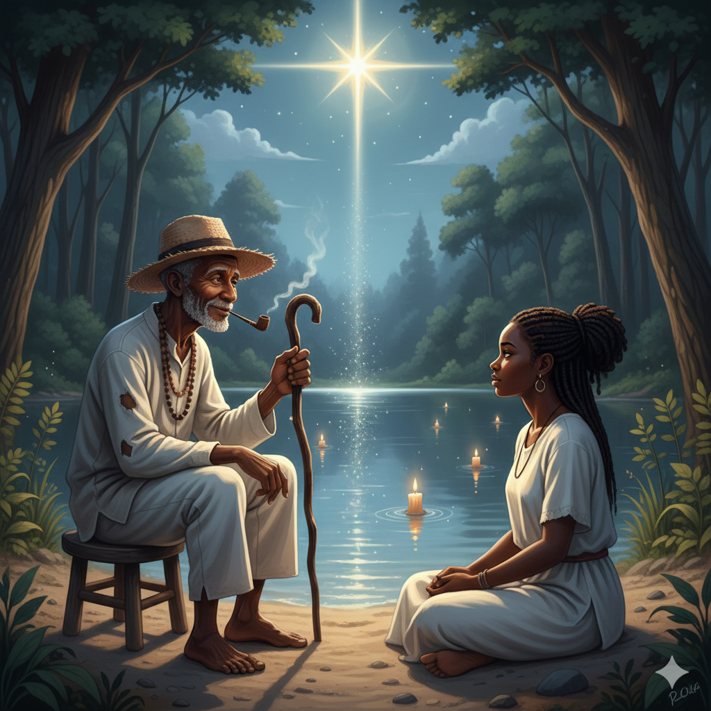 Preto Velho sentado em um banco de madeira à beira de um lago calmo, conversando com uma jovem médium sentada na areia. Ao fundo, uma mata densa e uma estrela radiante no céu refletida na água.