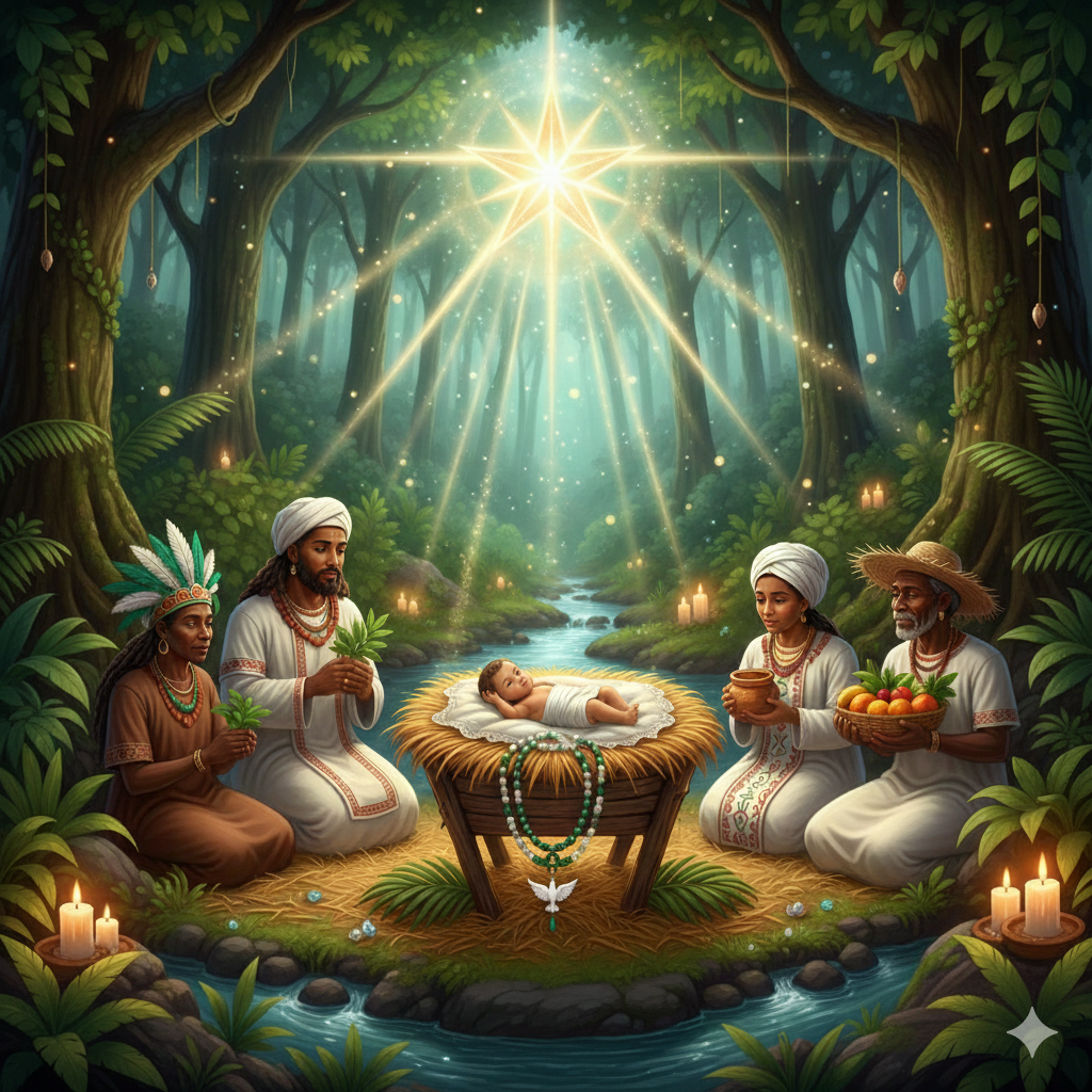 Manjedoura com o menino Jesus em uma floresta tropical, cercada por guias espirituais (Cabocla, Baiano, Baiana e Preto Velho) em posição de oração e oferenda, sob a luz de uma estrela radiante e adornada com uma guia de contas verde e branca.