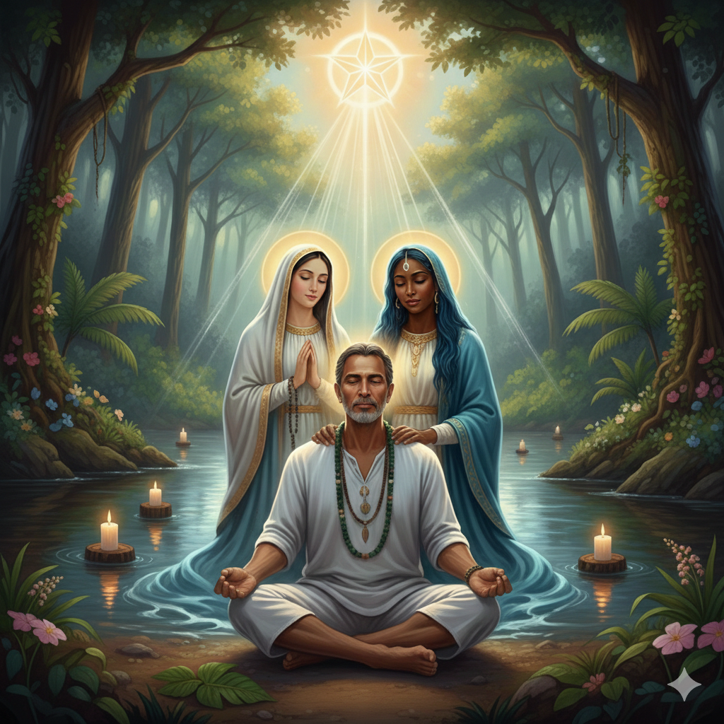 Médium em meditação à beira de um rio sagrado, recebendo o abraço e amparo espiritual de Iemanjá e Maria de Nazaré, sob a luz de uma estrela radiante na mata.
