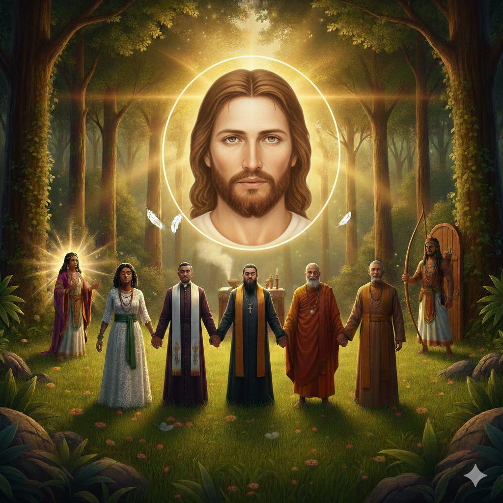 Lideranças religiosas de diferentes crenças (Umbandista, Padre, Pastor, Monge) de mãos dadas em uma floresta iluminada pelo sol, sob um círculo de símbolos sagrados e a presença espiritual de um Caboclo com arco e uma Cigana.