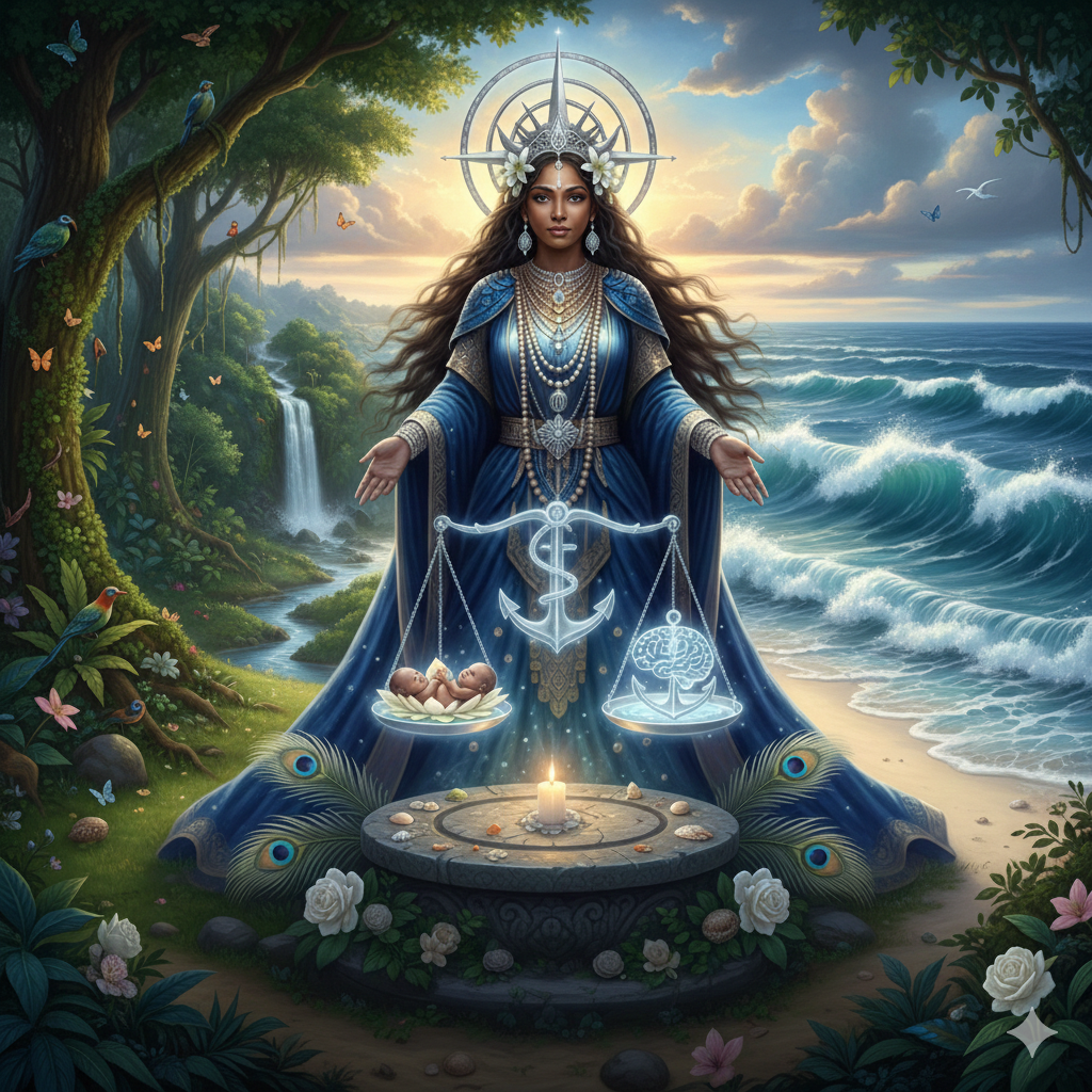 Representação majestosa de Iemanjá com manto azul adornado, segurando uma balança mística que equilibra a vida e a mente, situada entre uma floresta exuberante com cachoeira e as ondas do mar.