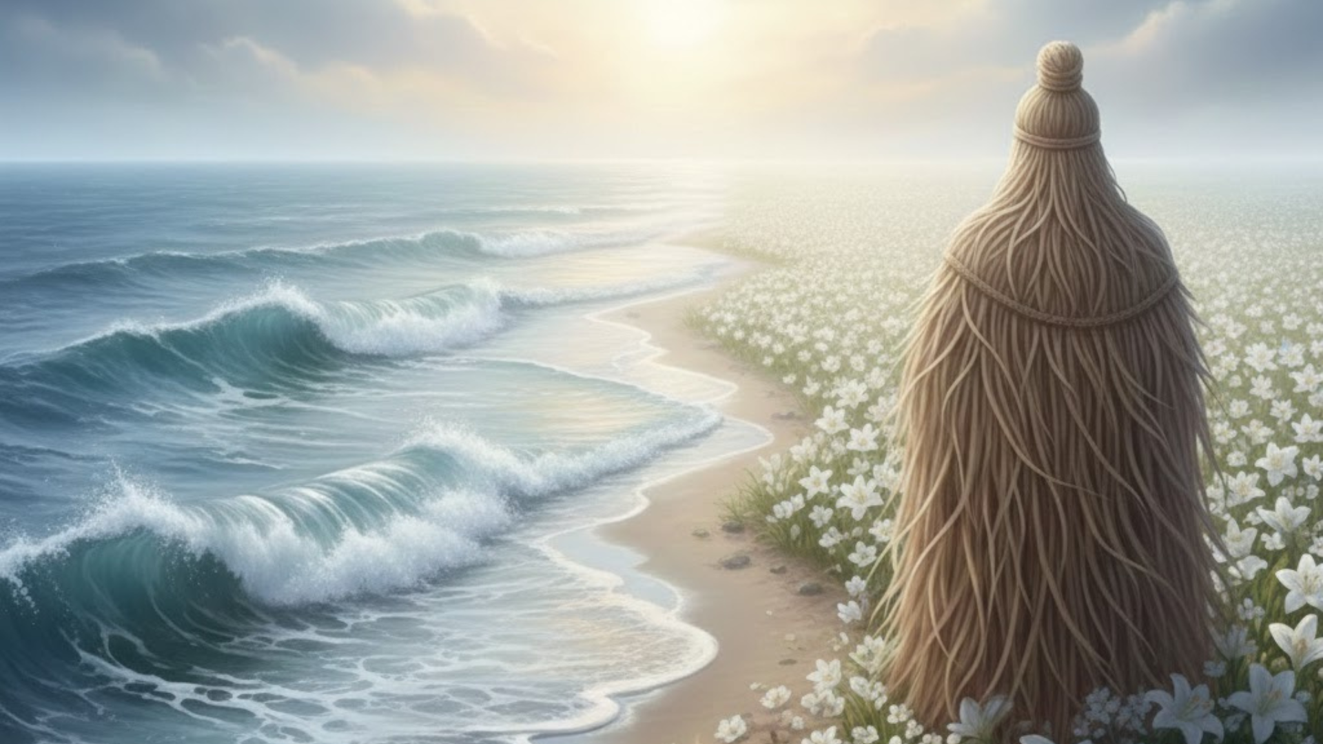 Finados: Uma representação artística onde as ondas do mar de Iemanjá se transformam suavemente em um campo de flores brancas sob o manto de palha de Omulu, simbolizando a passagem em paz.