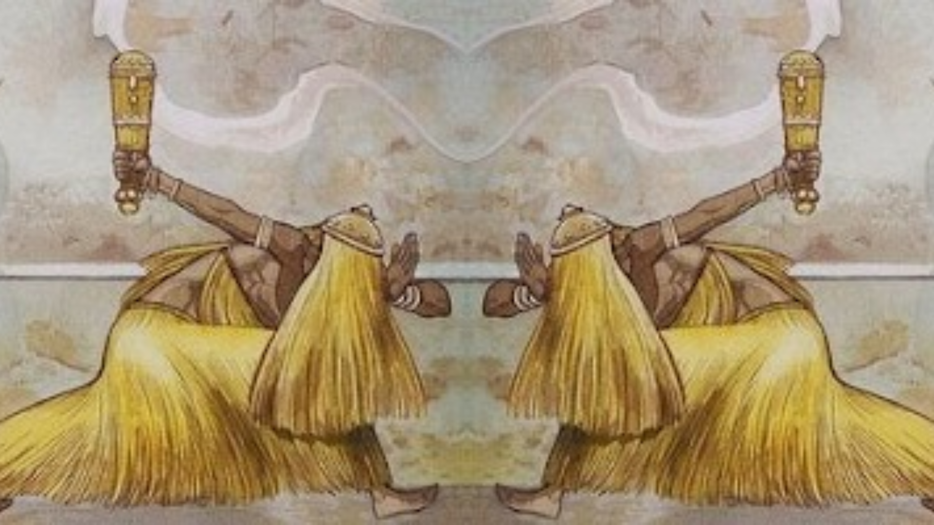 Representação simbólica de Nsumbo e a transmutação de agosto, com elementos de terra, fogo e flores brancas nascendo do solo seco.
