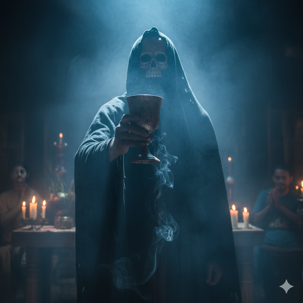 Representação artística do brinde à morte na Umbanda com a presença de Exu Tata Caveira, simbolizando a transmutação espiritual no Terreiro Pena Verde.