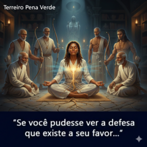 Ilustração espiritual de uma médium em meditação no Terreiro Pena Verde, cercada por falanges de Pretos Velhos e Caboclos com arcos, simbolizando a proteção e a defesa espiritual durante a incorporação.