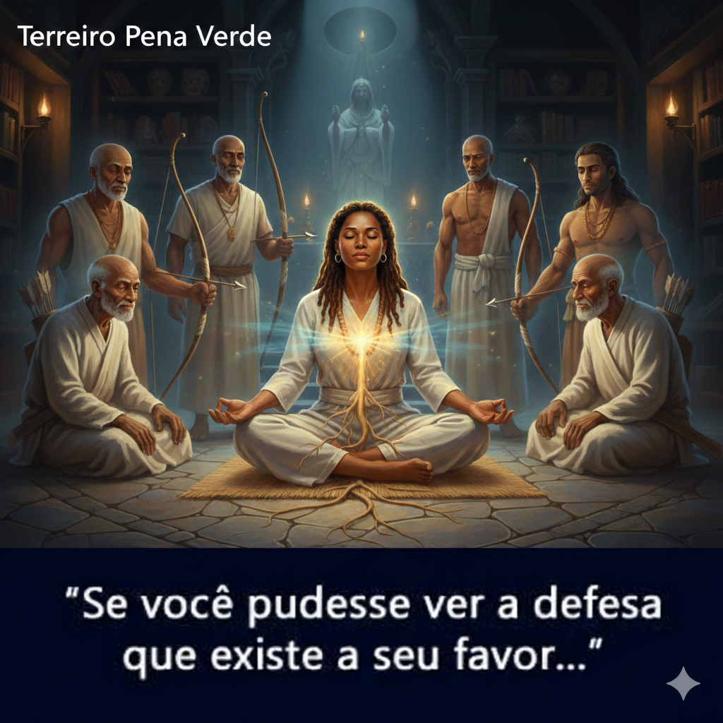 Ilustração espiritual de uma médium em meditação no Terreiro Pena Verde, cercada por falanges de Pretos Velhos e Caboclos com arcos, simbolizando a proteção e a defesa espiritual durante a incorporação.