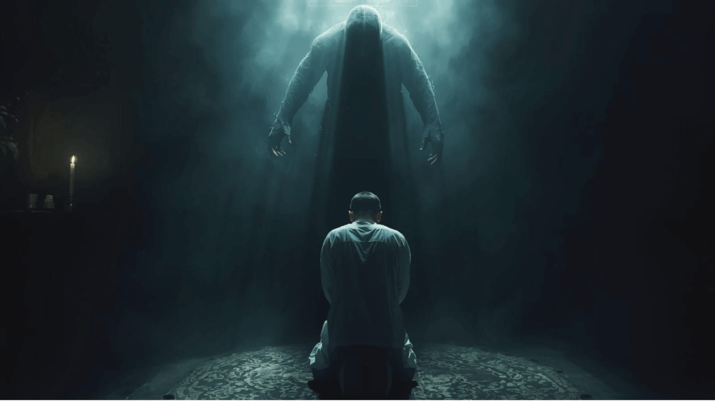 O Exu Guardião do Terreiro Pena Verde com seu garfo de lei, protegendo a porteira contra ataques espirituais em uma noite de lua sob a égide da ordem