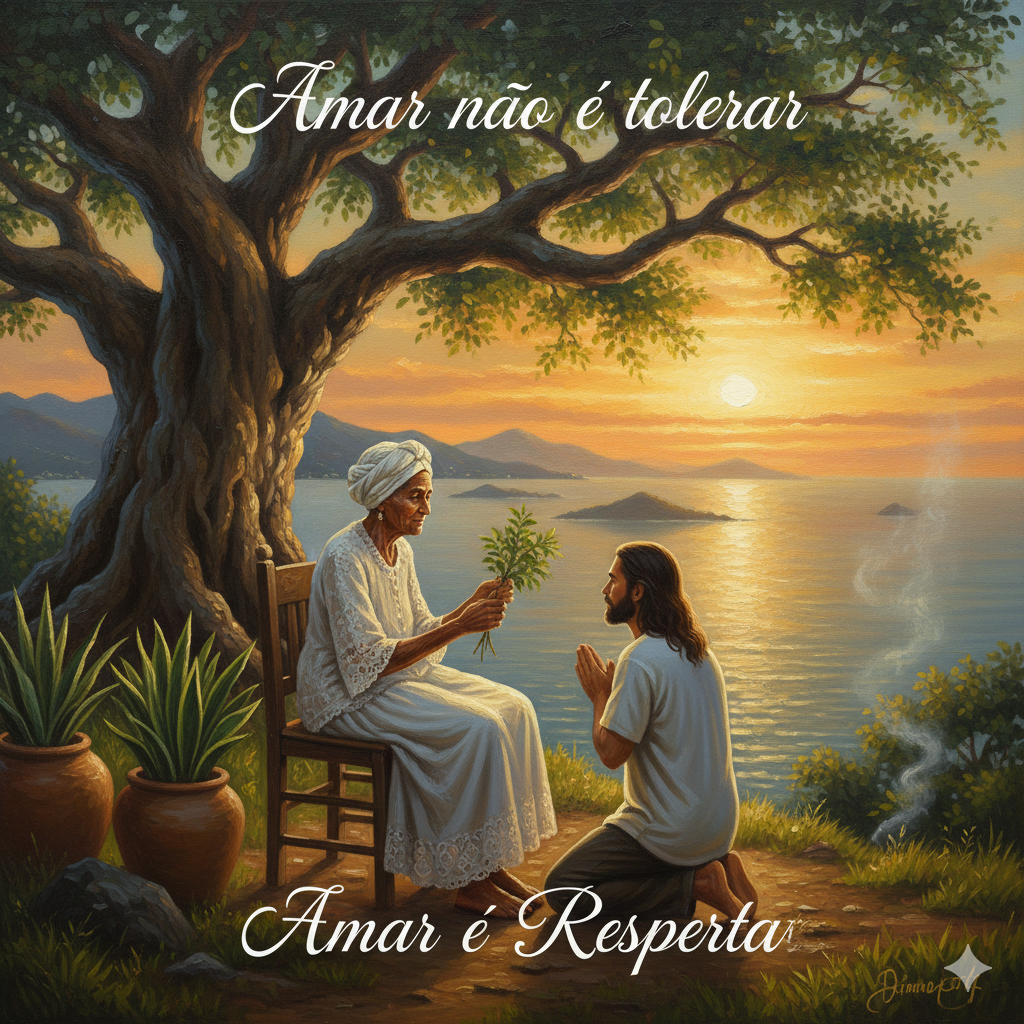 Humildade na Umbanda. Ilustração artística de uma Preta Velha abençoando um fiel com ervas sagradas, com os dizeres "Amar não é tolerar. Amar é Respeitar", representando a doutrina de humildade e respeito do Terreiro Pena Verde.
