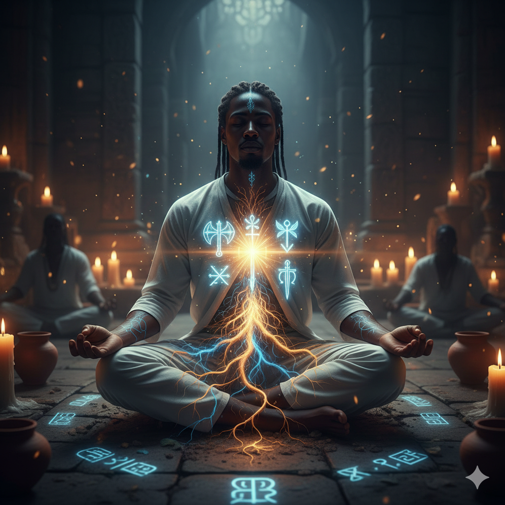 Ilustração espiritual de um médium de Umbanda em meditação, com raízes luminosas conectadas à terra e símbolos sagrados de Orixás brilhando no peito, representando o fundamento e a reforma íntima no Terreiro Pena Verde.