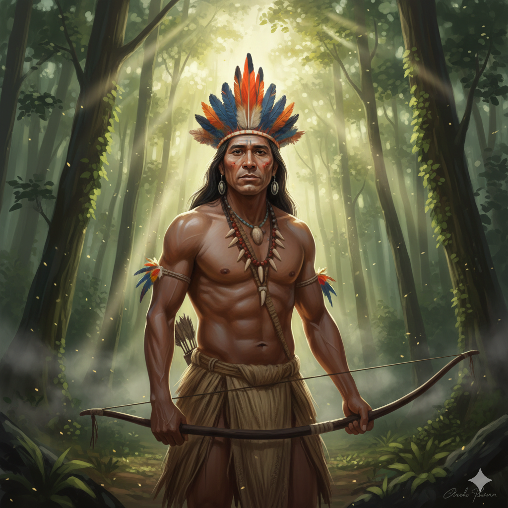 Representação do Caboclo Tupinambá na mata sagrada, segurando arco e flecha, simbolizando sabedoria e doutrina na Umbanda