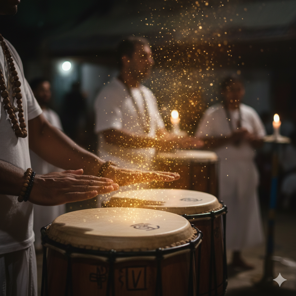 "Mãos de um Ogã tocando atabaque em um terreiro de Umbanda, com faíscas de luz dourada saindo do couro, simbolizando a energia espiritual e o axé do som."