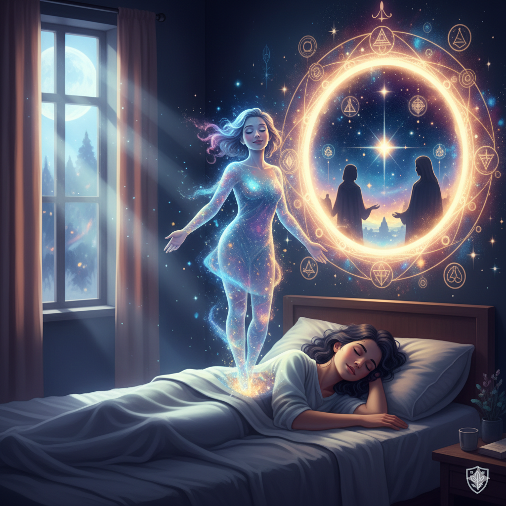 Representação espiritual de uma alma se elevando do corpo físico durante o sono, ilustrando o mistério do desdobramento astral e proteção espiritual