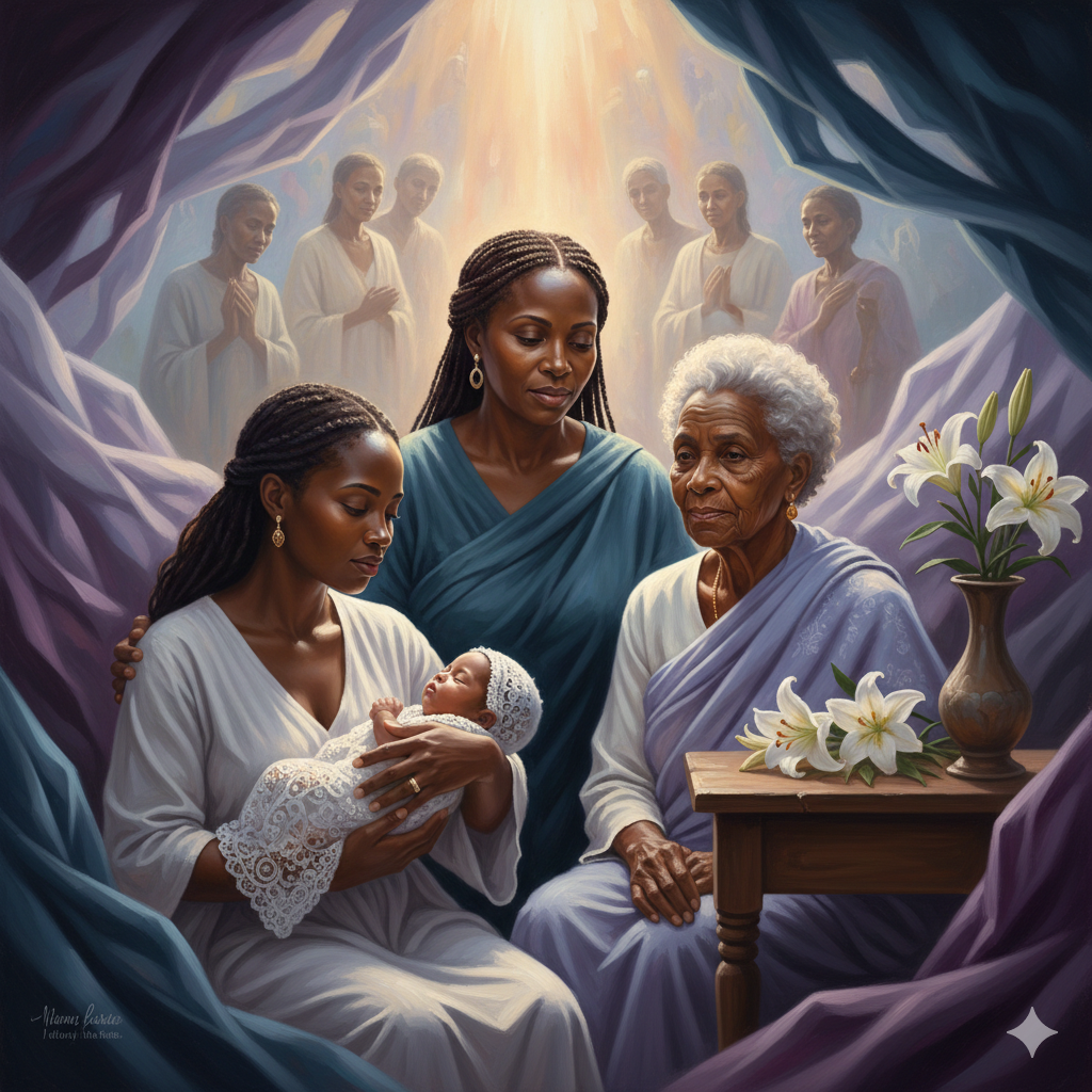 Representação artística das gerações de mulheres na Umbanda, sob a bênção de Nanã e Iemanjá, simbolizando a Linha das Almas.