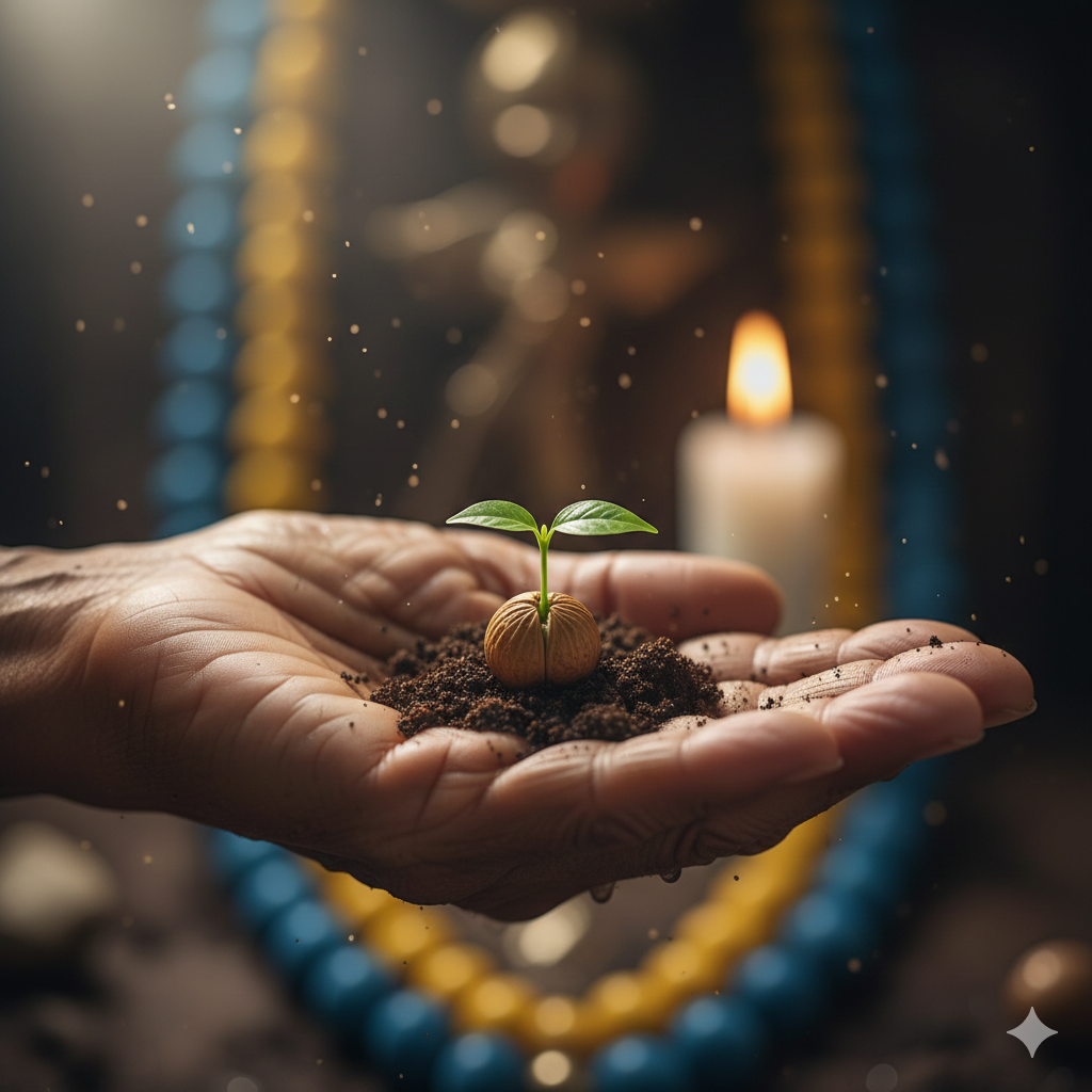 Mão envelhecida segurando terra com uma semente brotando, ao fundo guias de umbanda e uma vela acesa, simbolizando a educação espiritual.