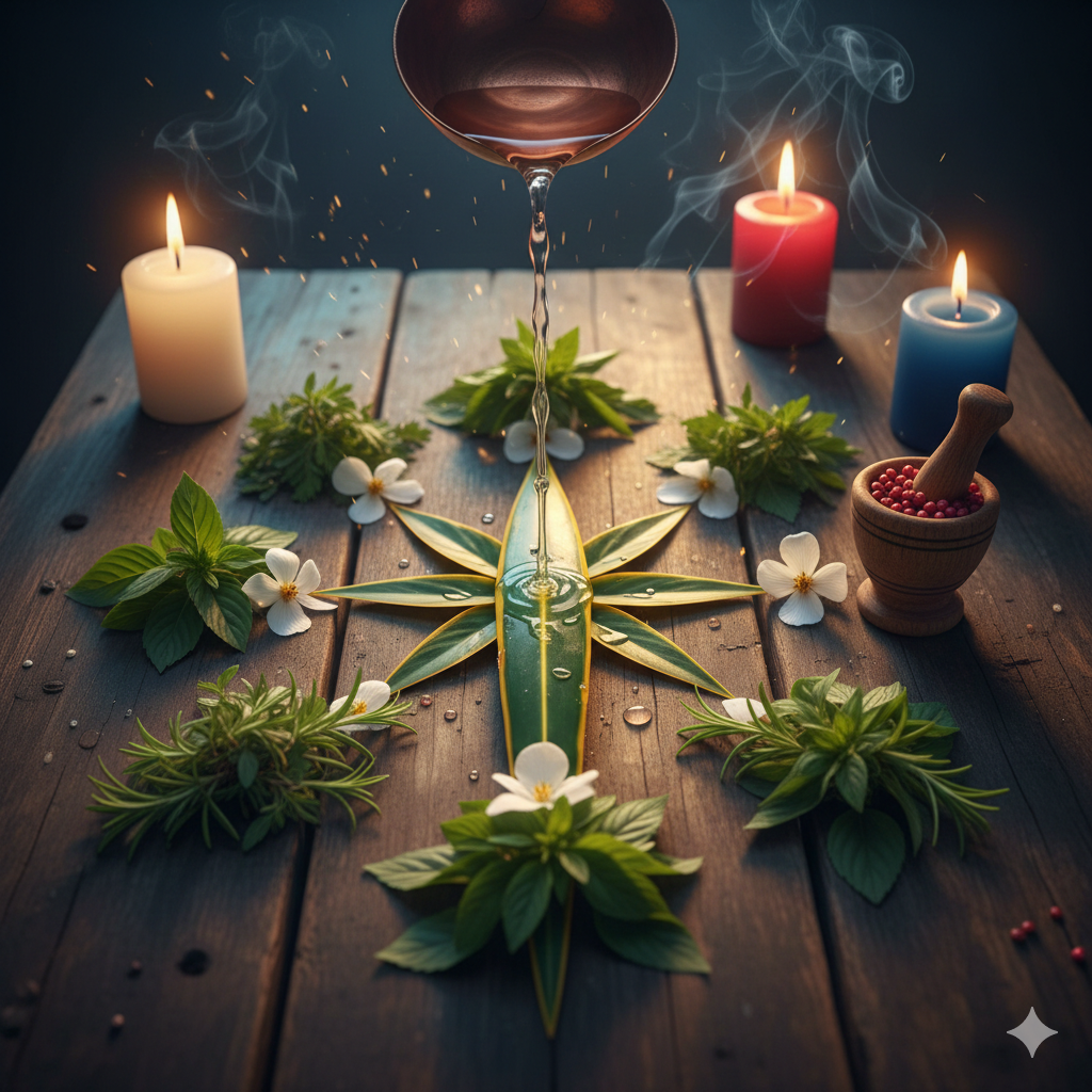 Composição de 7 ervas sagradas da Umbanda dispostas em círculo sobre uma mesa de madeira, com água sendo vertida ao centro e velas acesas ao fundo. Representação de ritual de limpeza e proteção espiritual