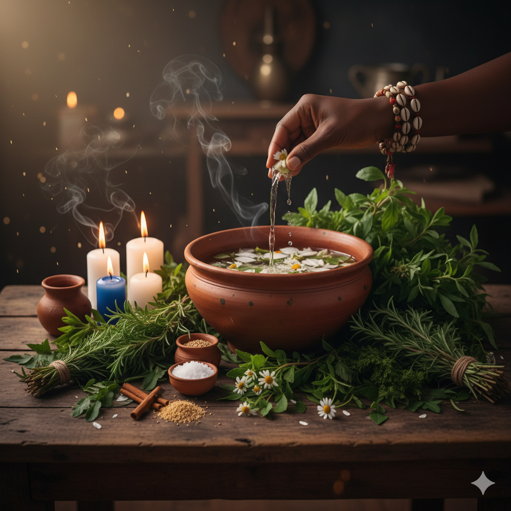 Mão de uma pessoa preparando banho de ervas em bacia de barro sobre mesa de madeira, rodeada de alecrim, arruda, camomila e velas acesas. Ritual de Umbanda para equilíbrio e axé.