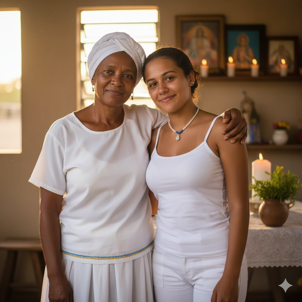 Uma madrinha de Umbanda, mulher negra experiente usando turbante branco, abraçando carinhosamente sua afilhada jovem em frente a um congá, simbolizando o respeito e a hierarquia espiritual.