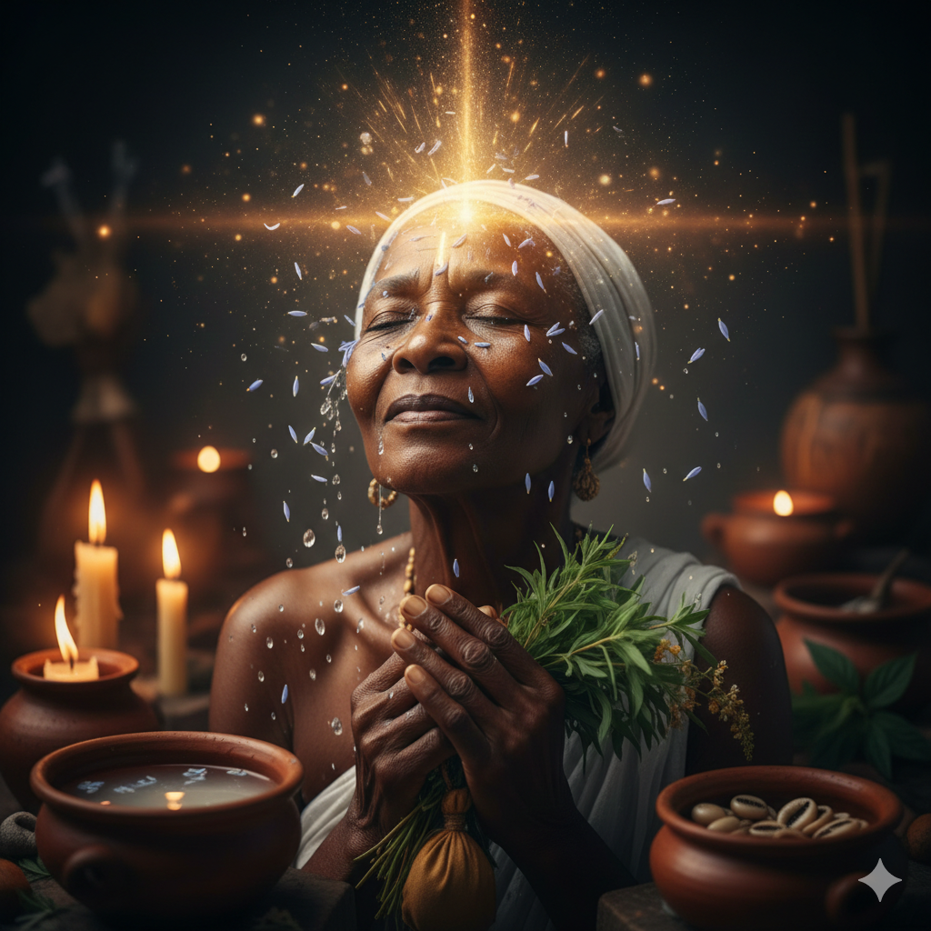 Mulher negra em momento ritualístico de Umbanda, com os olhos fechados e expressão de paz, recebendo gotas de água fresca e luz sobre a cabeça (Ori). Ao redor, elementos sagrados como ervas, velas e potes de barro.