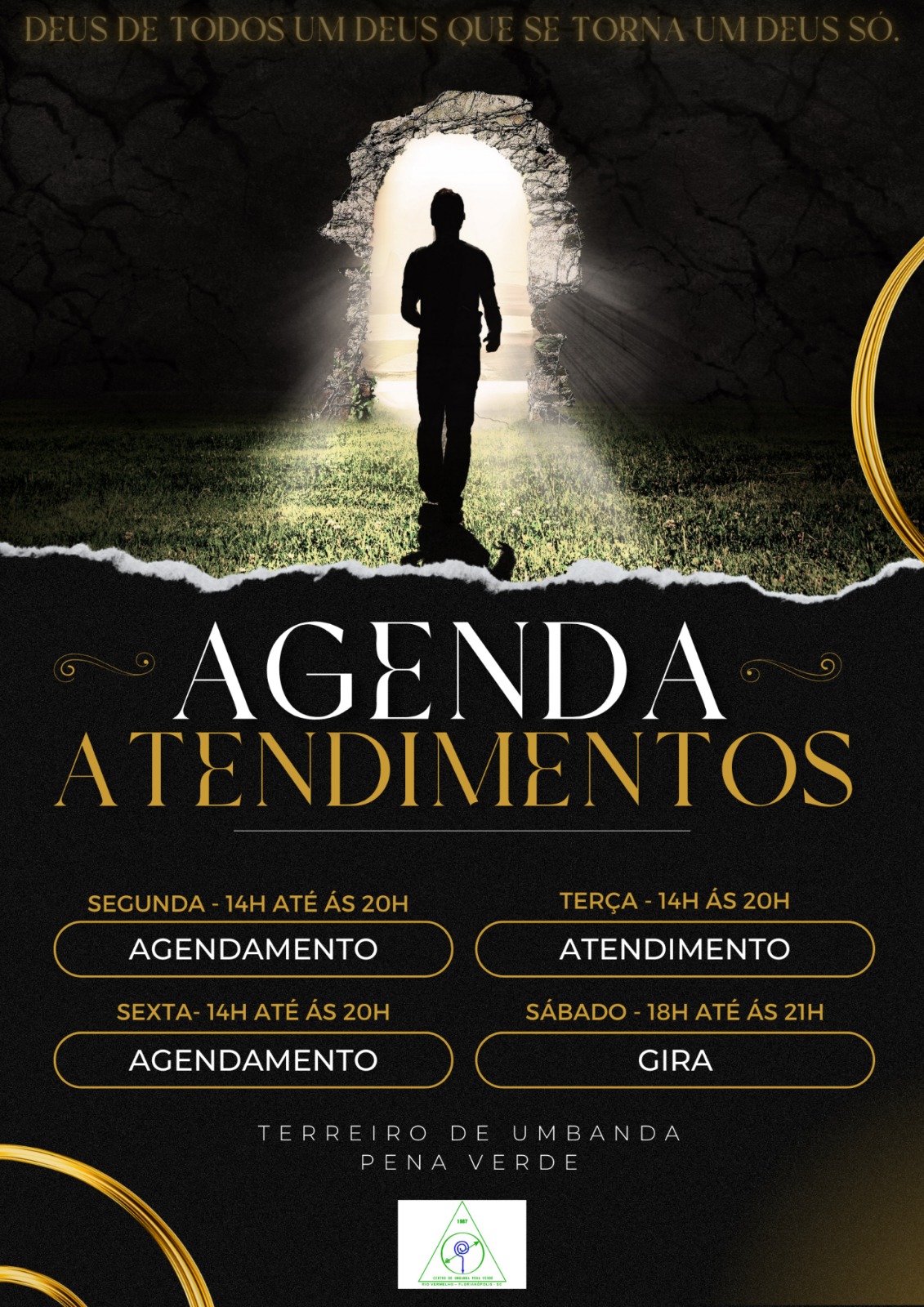 "Agenda de atendimentos e giras do Terreiro de Umbanda Pena Verde em Florianópolis. Horários de segunda a sábado para agendamento de consultas espirituais e giras de caridade."
