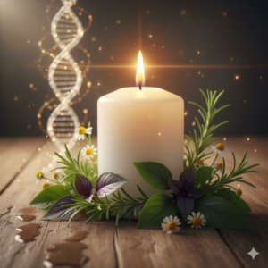 Vela branca acesa com ervas ao fundo representando a iluminação e a filosofia de evolução espiritual do Pena Verde.