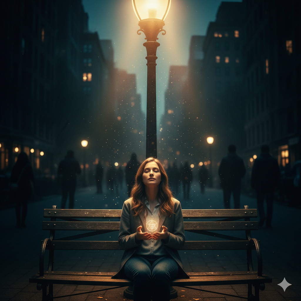 Mulher sentada em um banco de praça à noite, sob a luz focada de um poste. Ela está de olhos fechados, em meditação, com as mãos em concha protegendo um símbolo de geometria sagrada luminoso. Ao fundo, vultos de pessoas em movimento no caos da cidade.