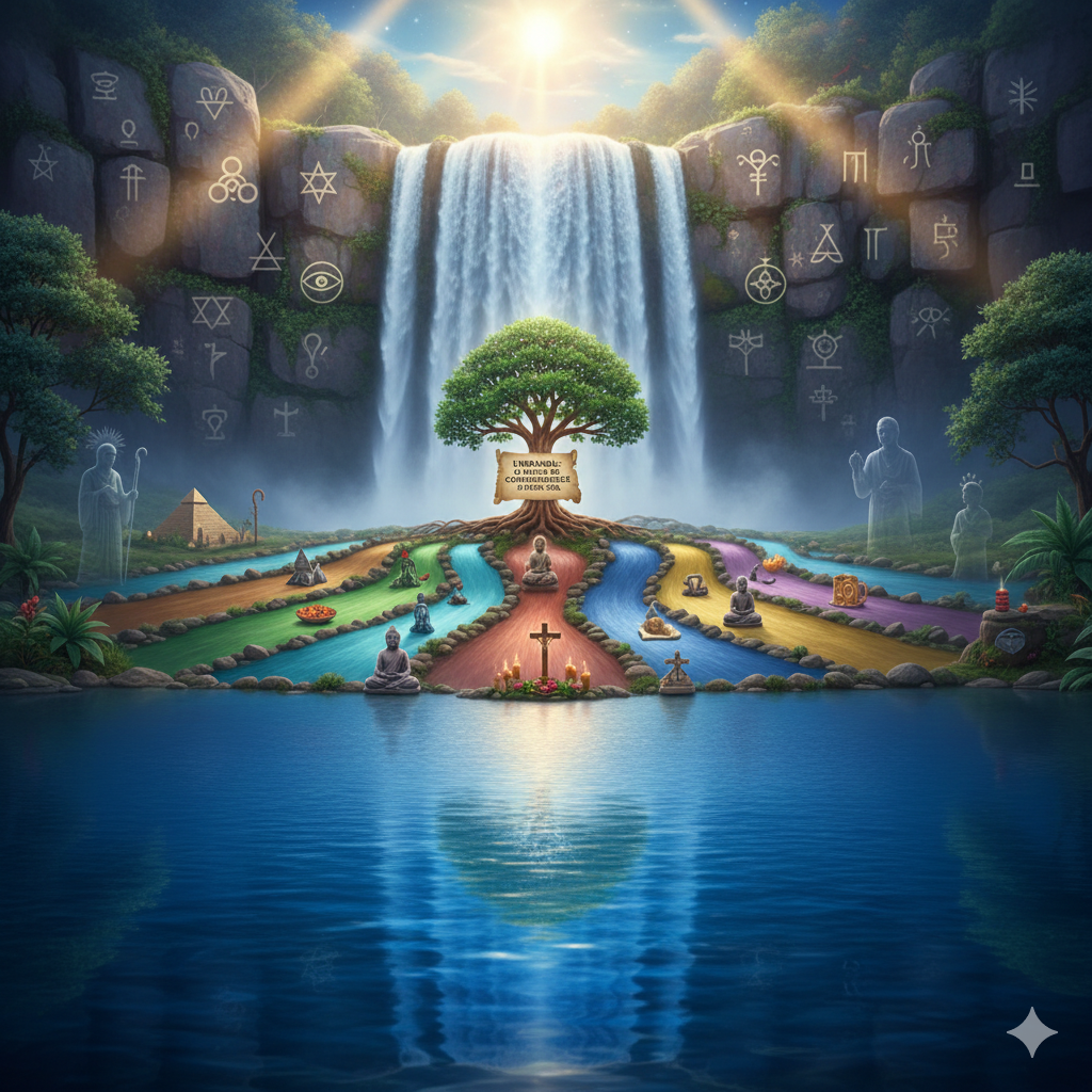 Representação artística da Umbanda como ponto de convergência, com uma árvore sagrada central, cachoeira e diversos caminhos coloridos com símbolos de várias religiões e filosofias.